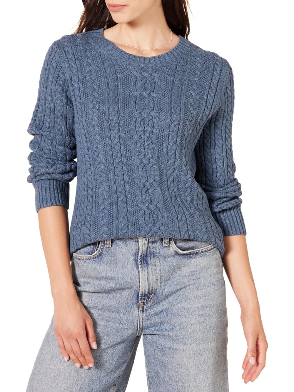 🆕 Women's Blue Heather Crewneck Cable Knit Ribbed Soft Fit Cotton Sweater